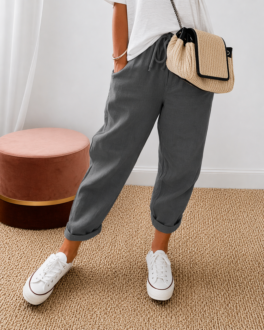 Women's Linen Jogger Trousers – Drawstring Tapered Fit