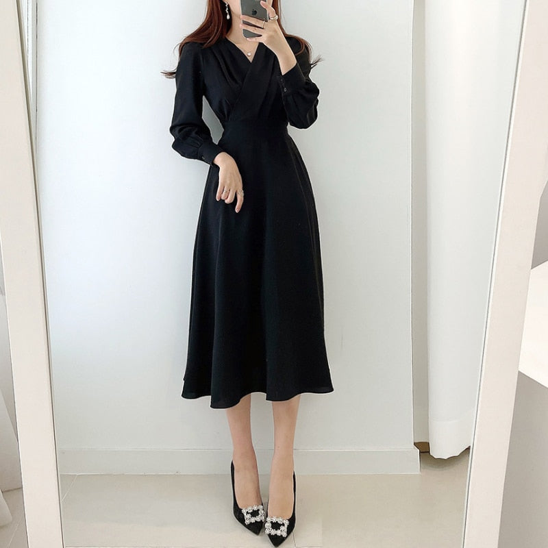 Women's V-Neck Puff Sleeve A-Line Midi Dress