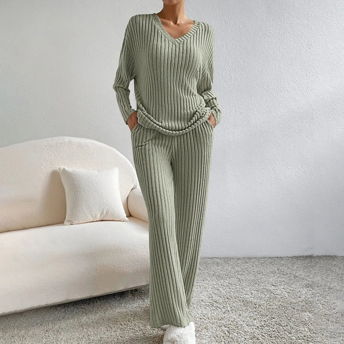 Women's Ribbed Knit Lounge Set – V-Neck Wide Leg Co-ord