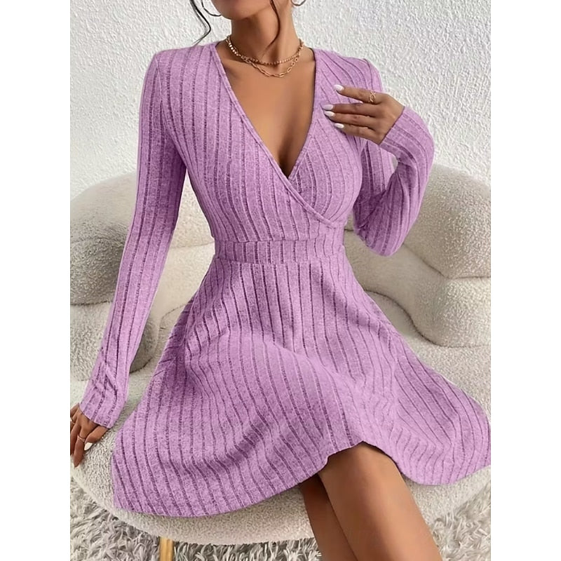 Women's Ribbed Wrap Neck A-Line Dress – Knee-Length Knit Dress