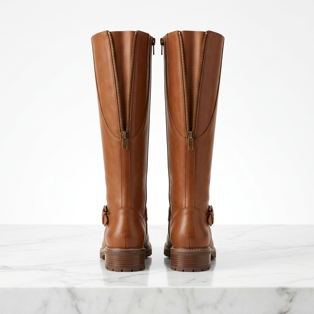 Women's Faux Leather Knee-High Boots – Buckle Detail Block Heel