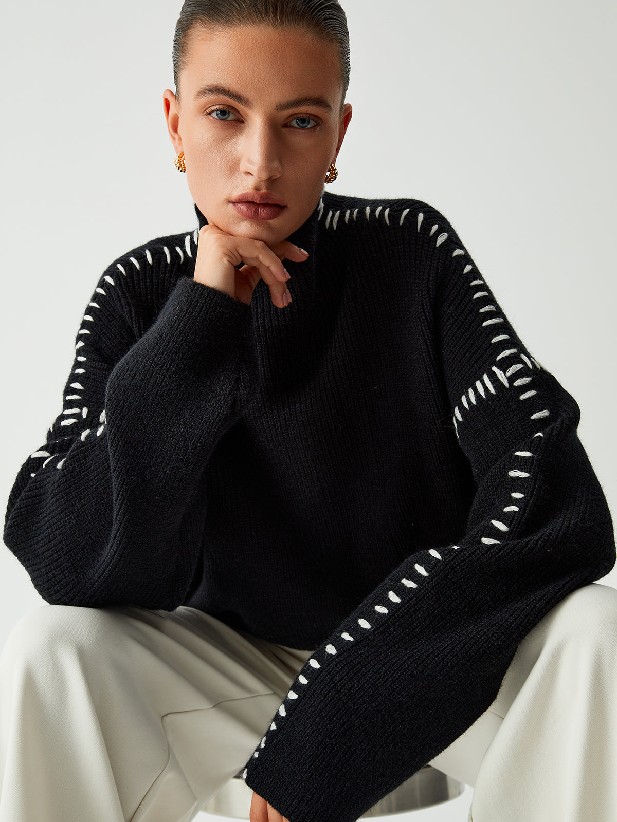 Women's Black Mock Neck Jumper – Whipstitch Oversized Knit