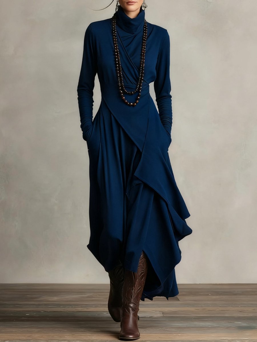 Women's Turtleneck Maxi Dress – Draped Asymmetric Hem – Navy Blue