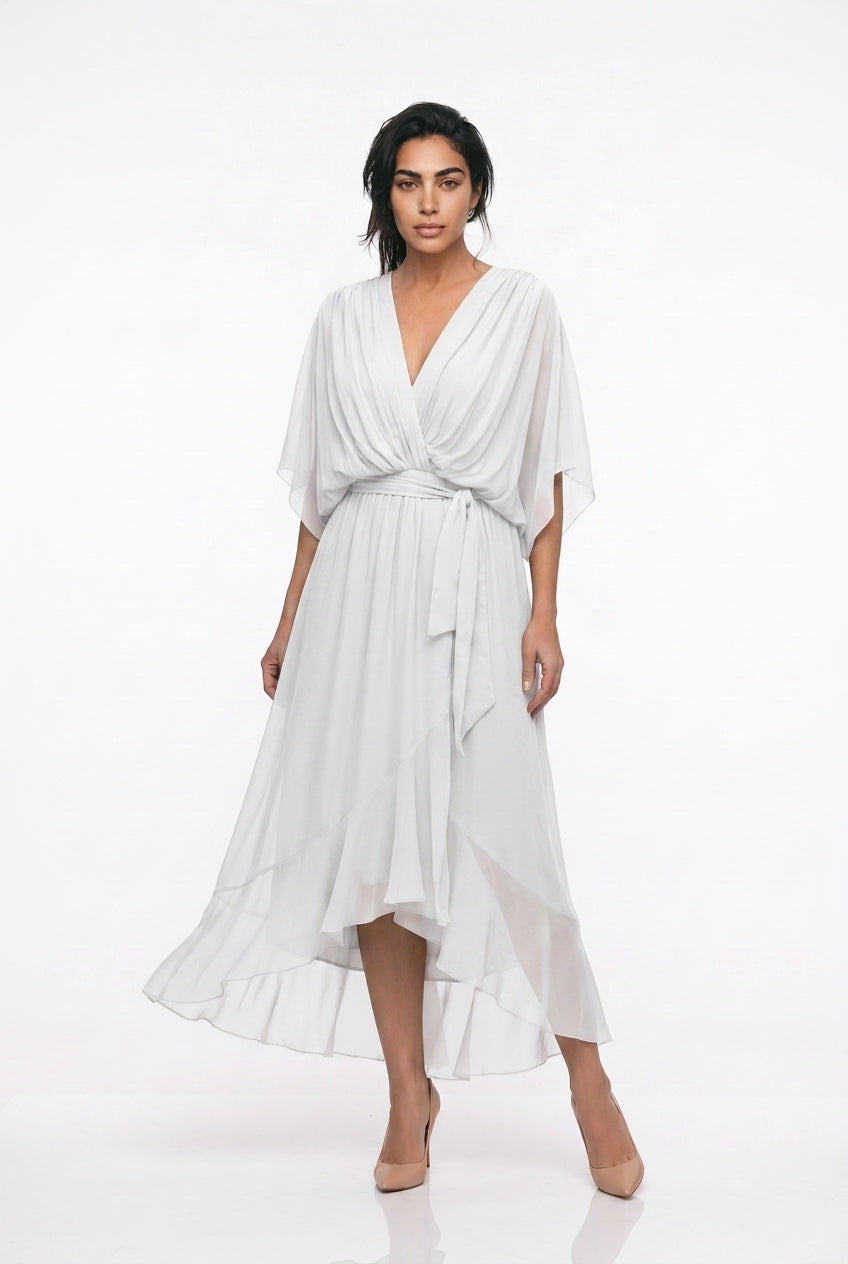 Women's Chiffon Wrap Midi Dress – V-Neck Kimono Sleeve