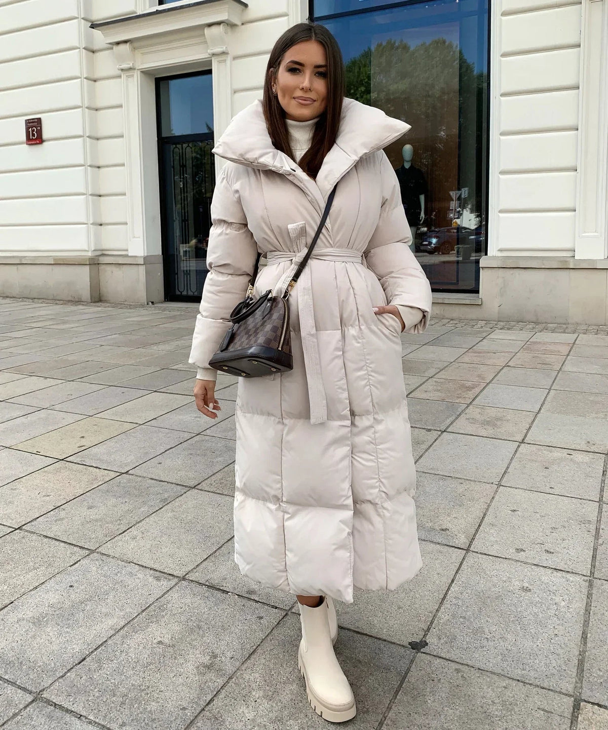 Women's Longline Puffer Coat – Oversized Collar Quilted Jacket