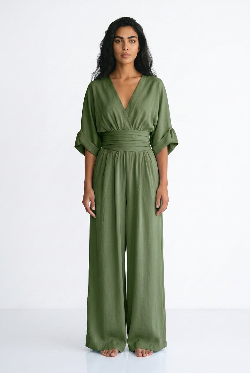 Women's Wide Leg Jumpsuit – V-Neck Belted Occasion