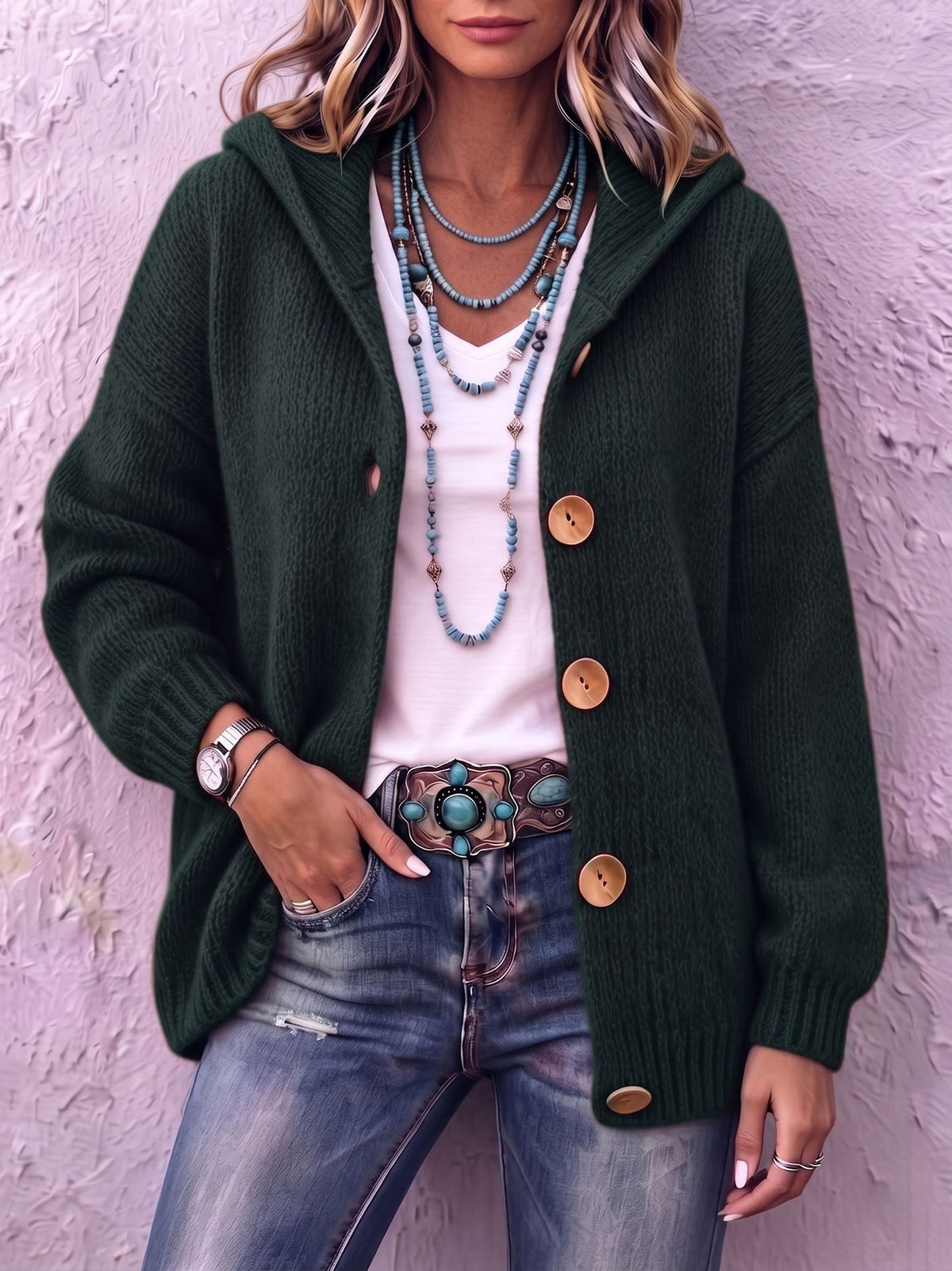 Women's Hooded Knit Cardigan - Button-Front