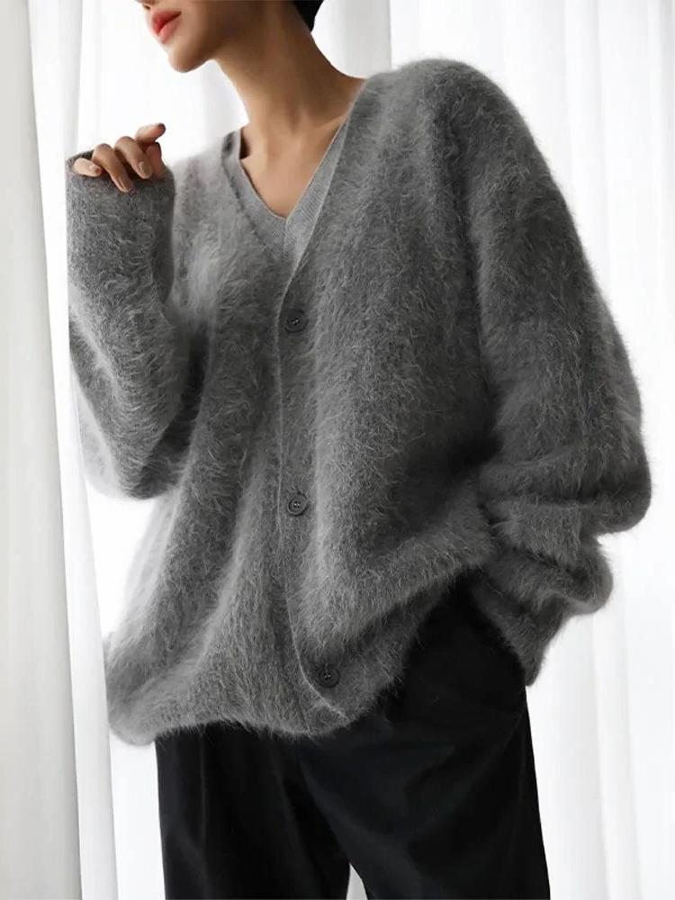 Women's Fluffy Knit Cardigan with Button Front