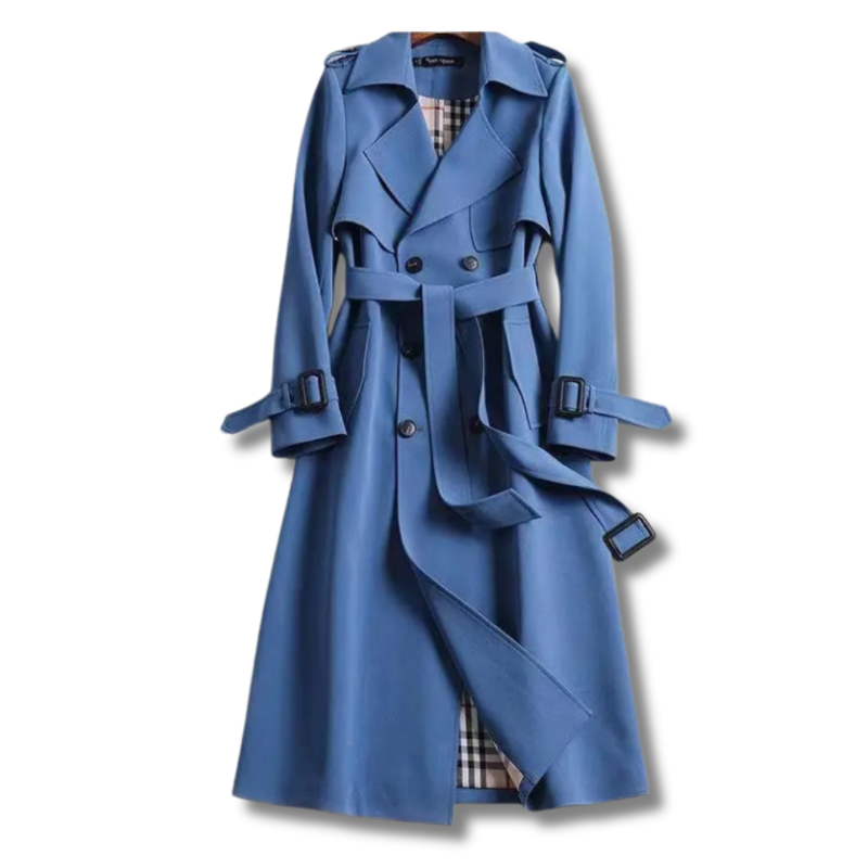 Women's Belted Trench Coat – Double-Breasted Winter – Blue
