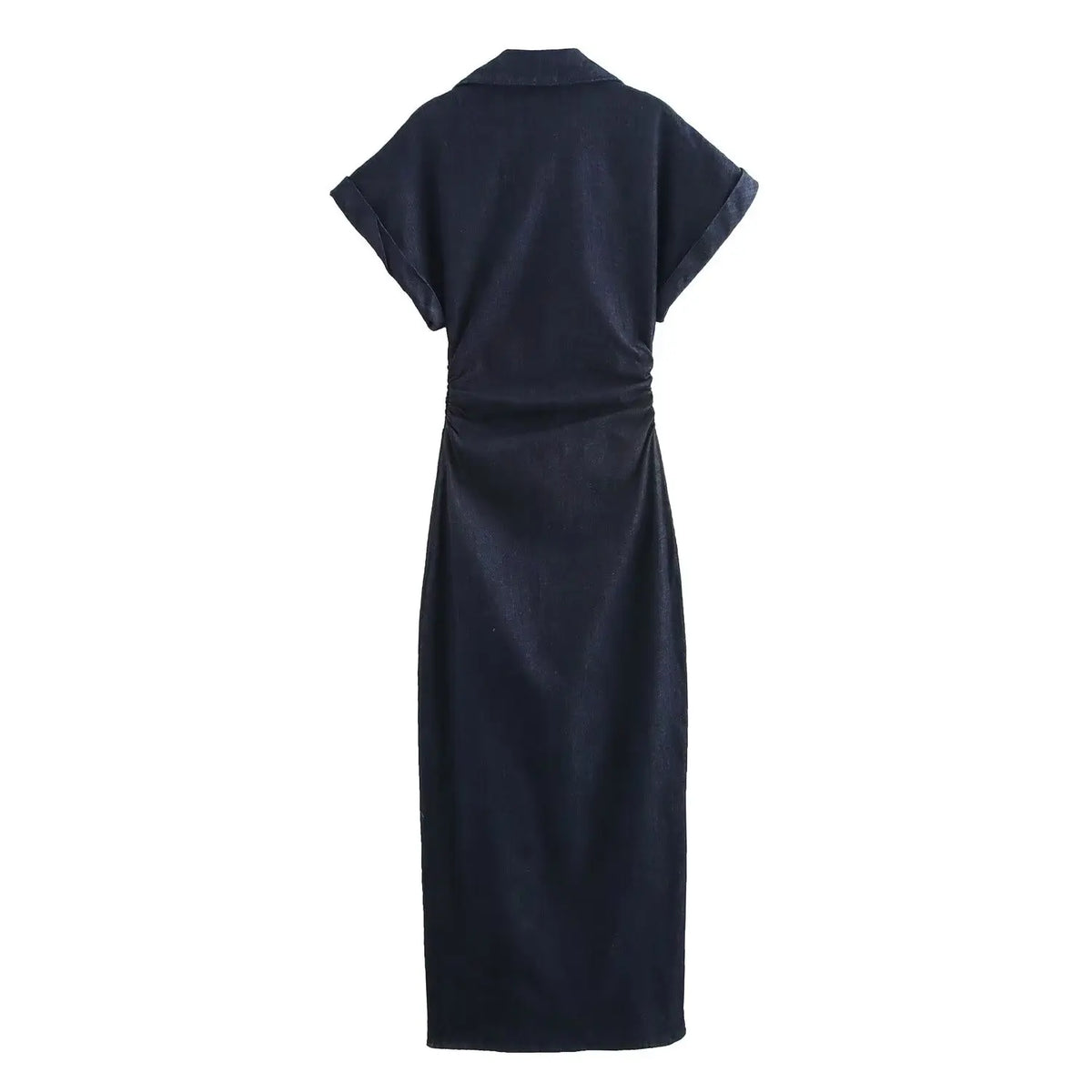 Women's Denim Midi Dress – Ruched Waist Button-Through