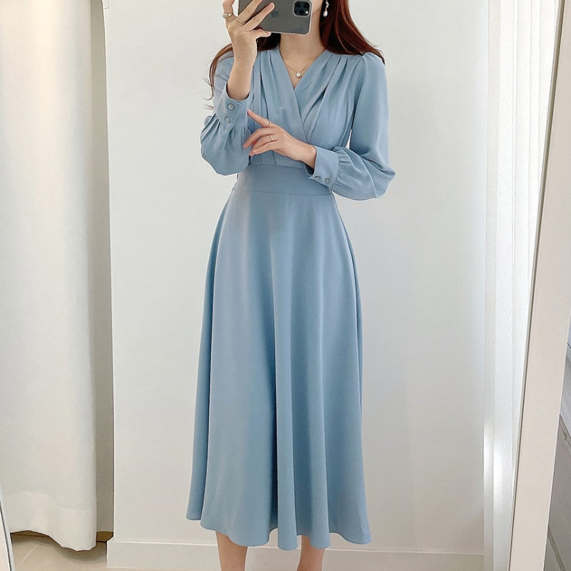 Women's V-Neck Puff Sleeve A-Line Midi Dress