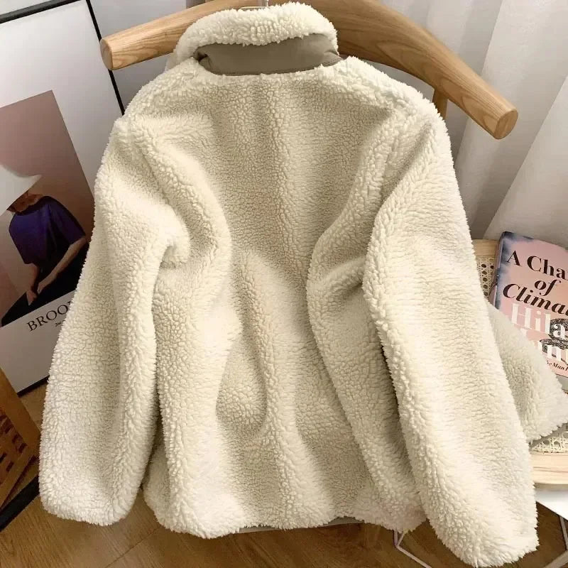 Women's Teddy Fleece Jacket – High Collar Contrast Zip Pocket