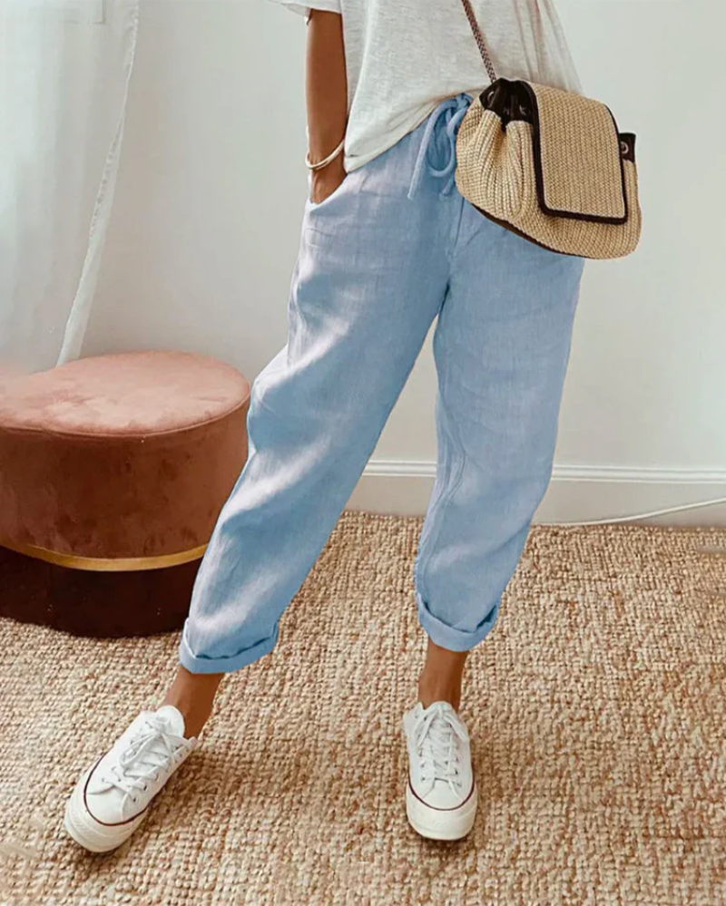Women's Linen Jogger Trousers – Drawstring Tapered Fit