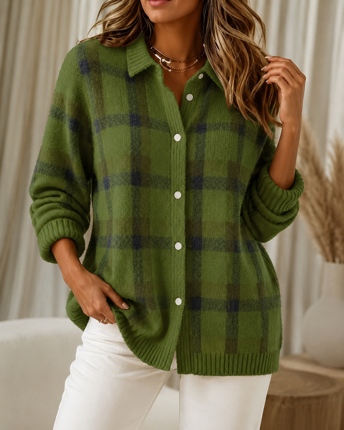 Women's Plaid Knit Cardigan – Button-Up Shacket Top