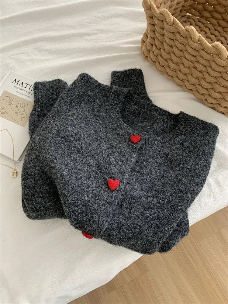 Women's Knit Cardigan – Heart Button Round Neck