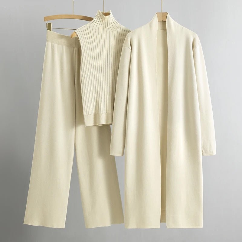 Women's Knit Co-ord Set – Longline Cardigan, Jumper & Wide Leg Trousers