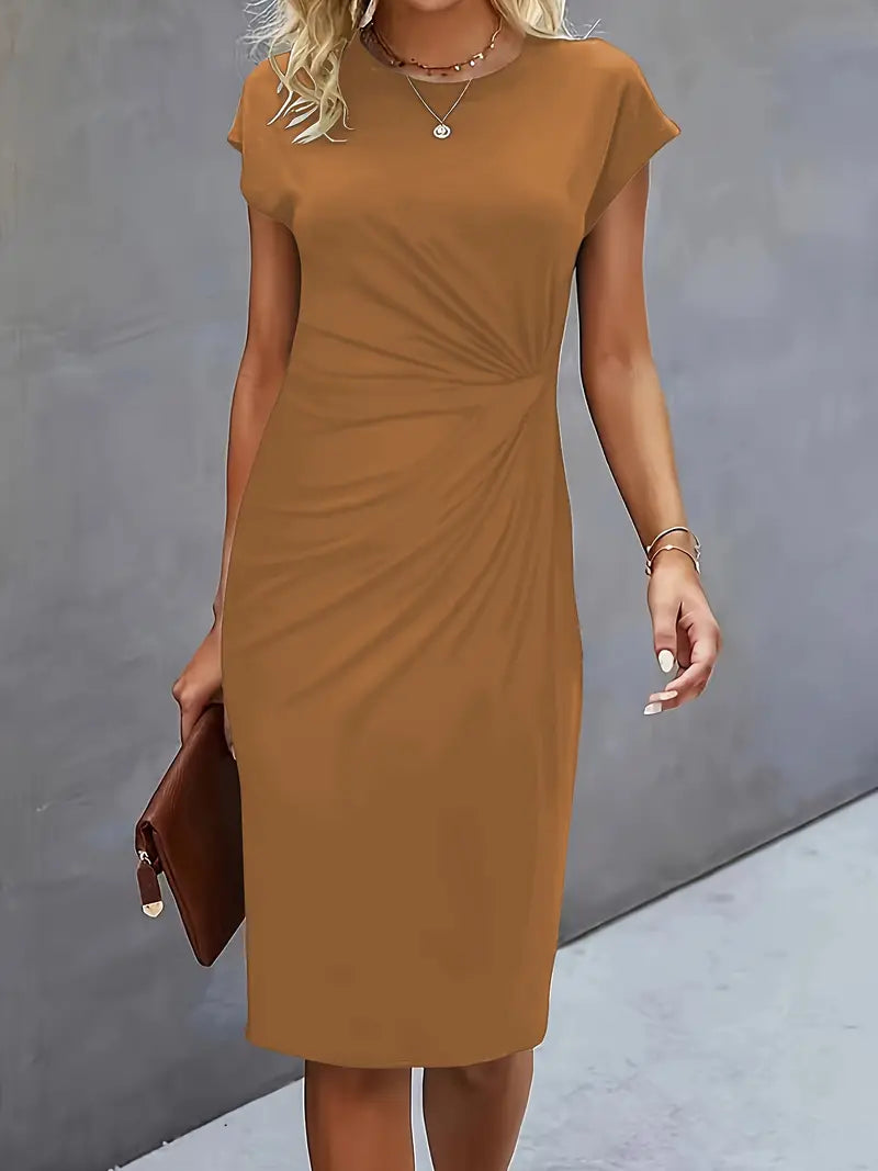 Women's Ruched Midi Dress – Twist-Front Bodycon Dress