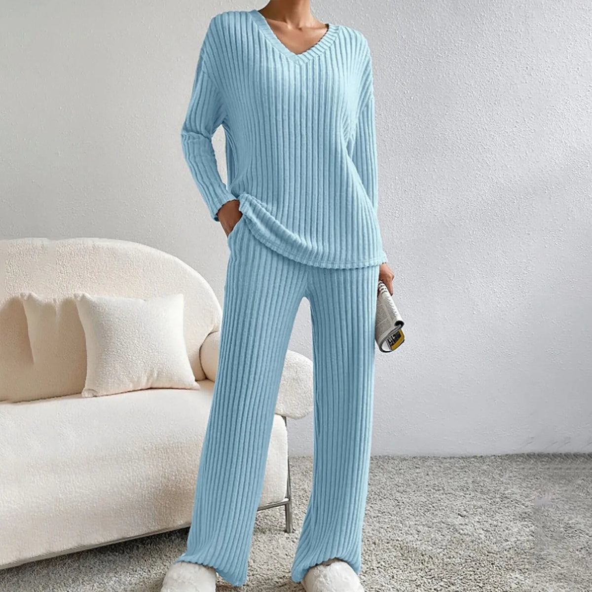 Women's Ribbed Knit Lounge Set – V-Neck Wide Leg Co-ord