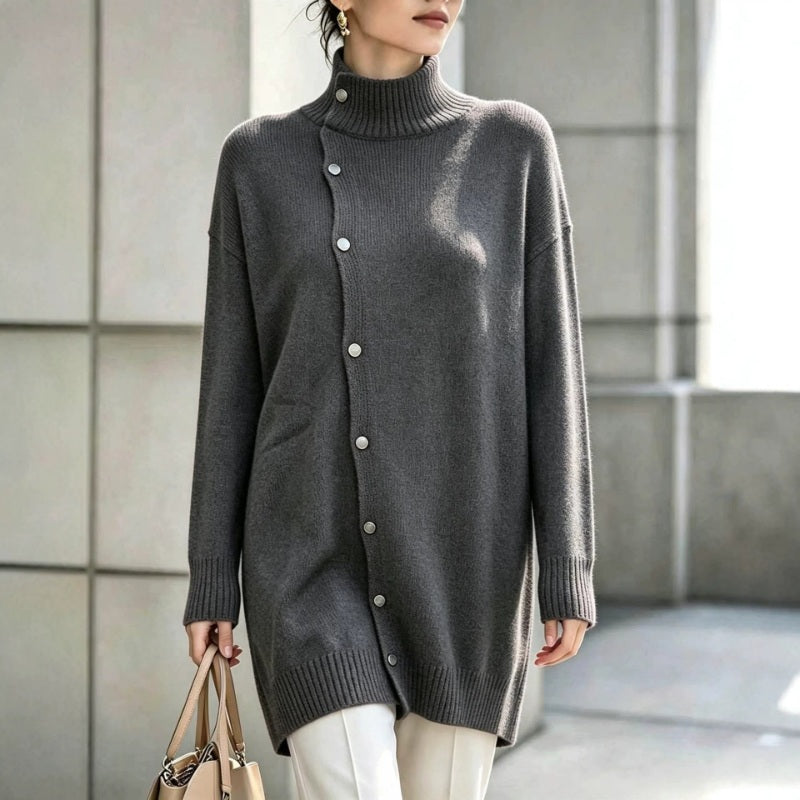 Women's Roll Neck Jumper – Asymmetric Button Front