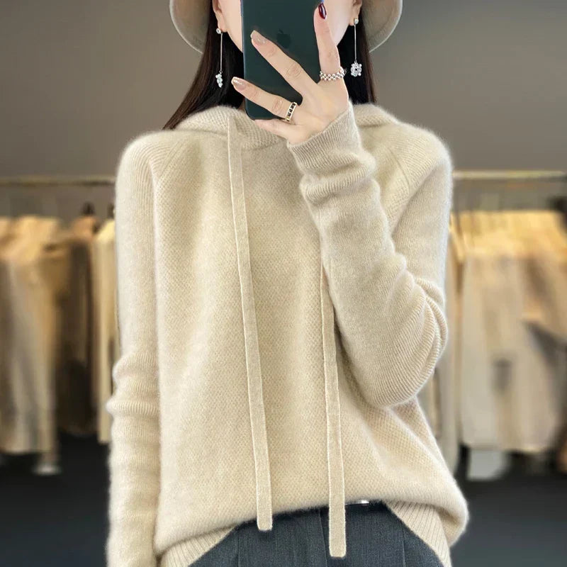 Women's Knit Hooded Jumper – Drawstring Honeycomb Pullover