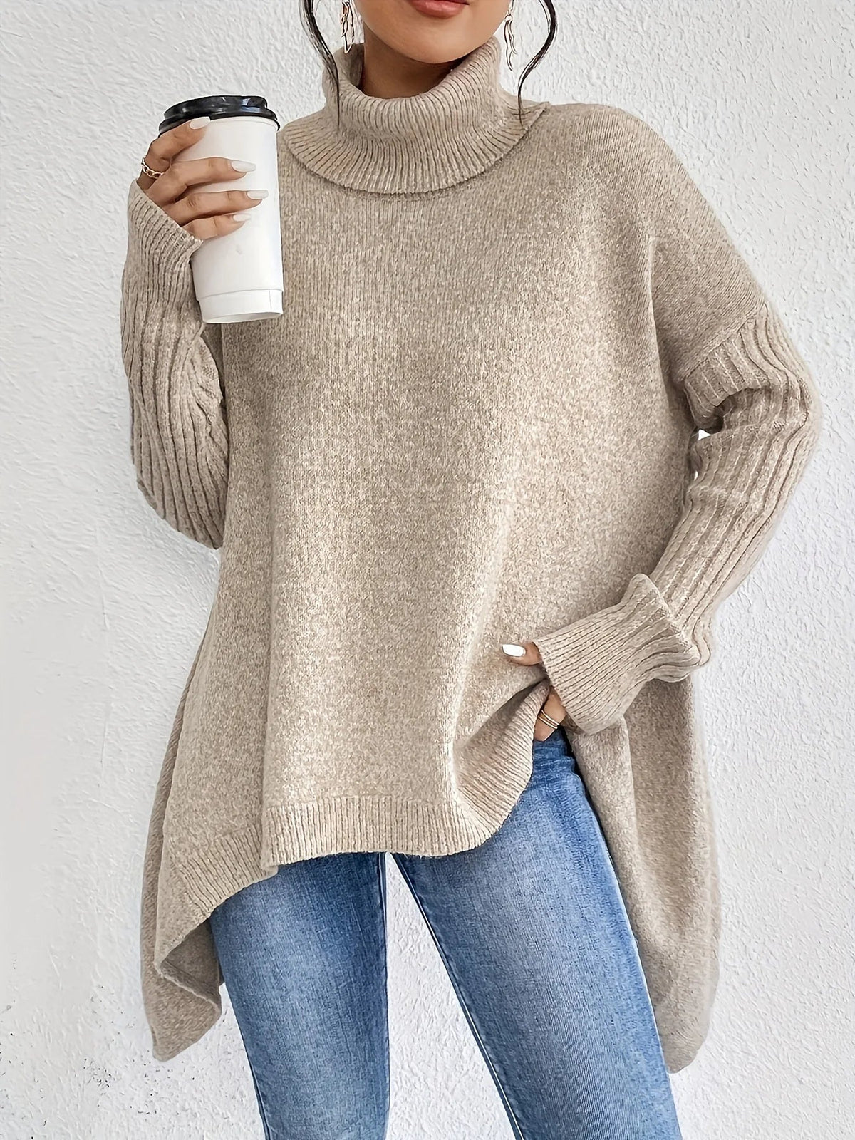 Women's Oversized Knit Turtleneck Jumper – Asymmetric Hem