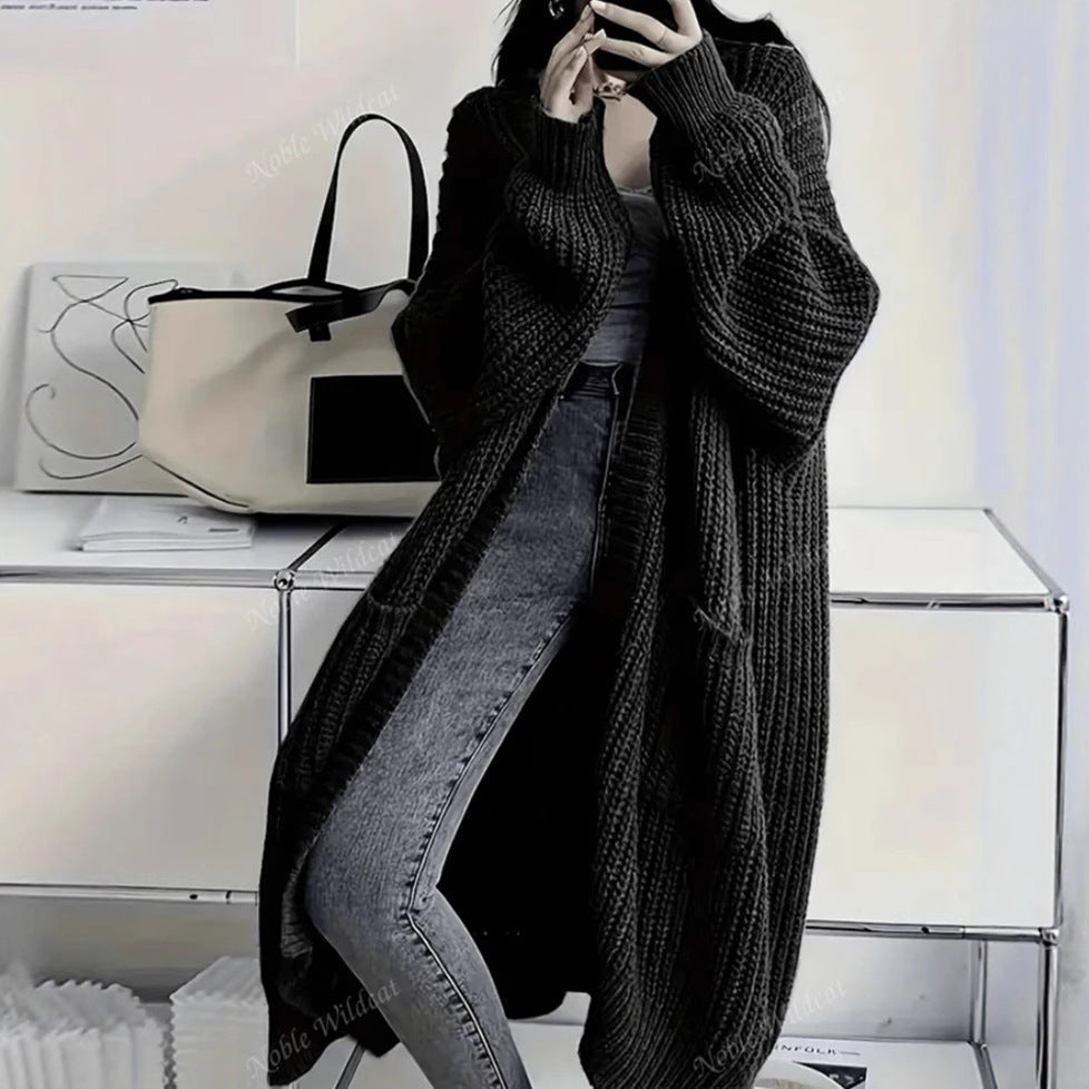Women's Chunky Knit Longline Cardigan – Open Front with Pockets