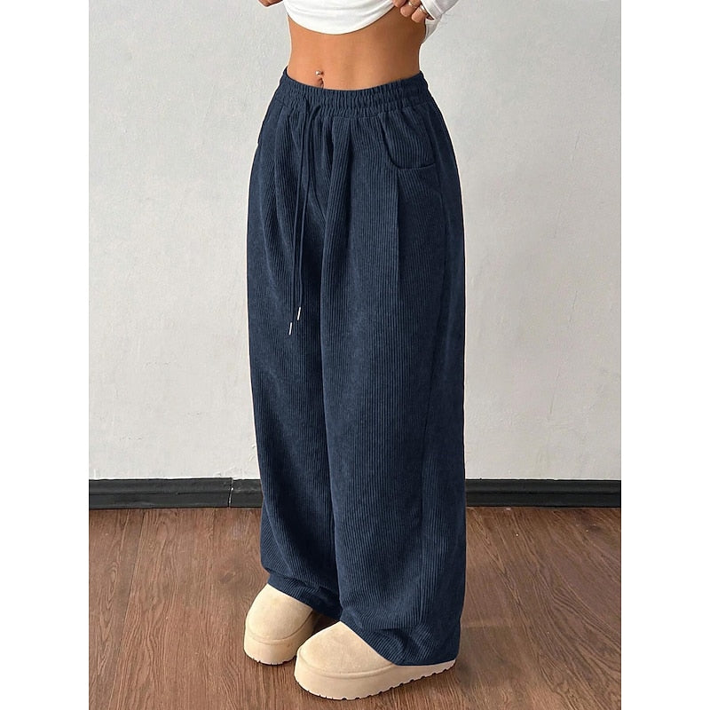 Women's Corduroy Wide Leg Trousers with Drawstring Waist