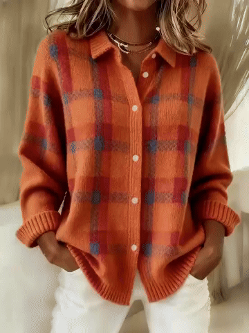 Women's Plaid Knit Cardigan – Button-Up Shacket Top