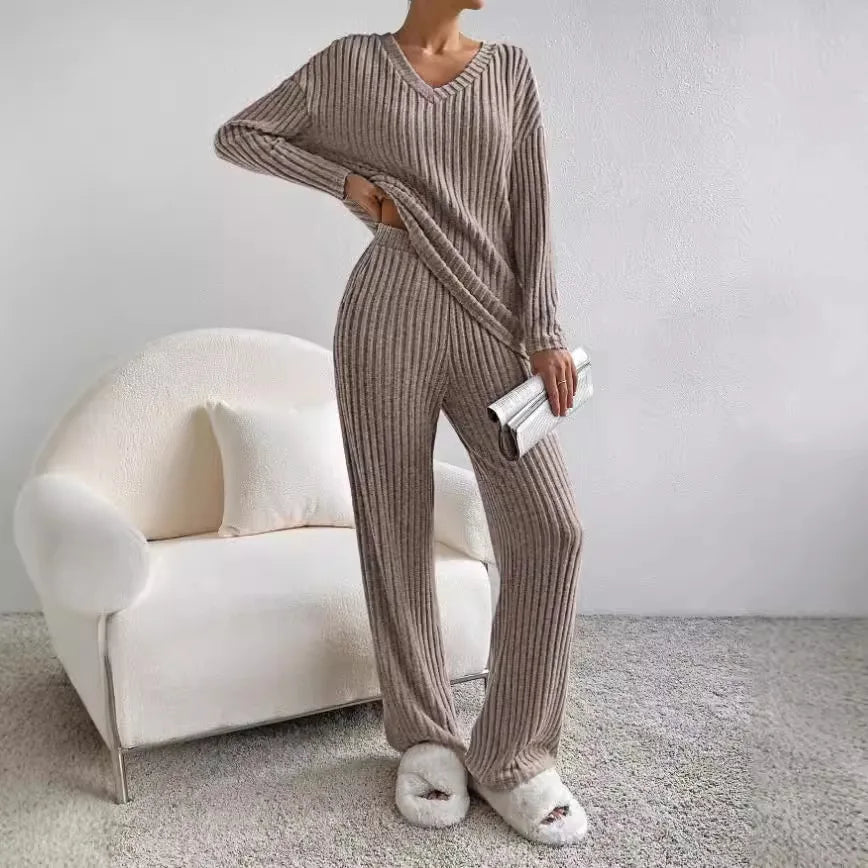 Women's Ribbed Knit Lounge Set – V-Neck Wide Leg Co-ord