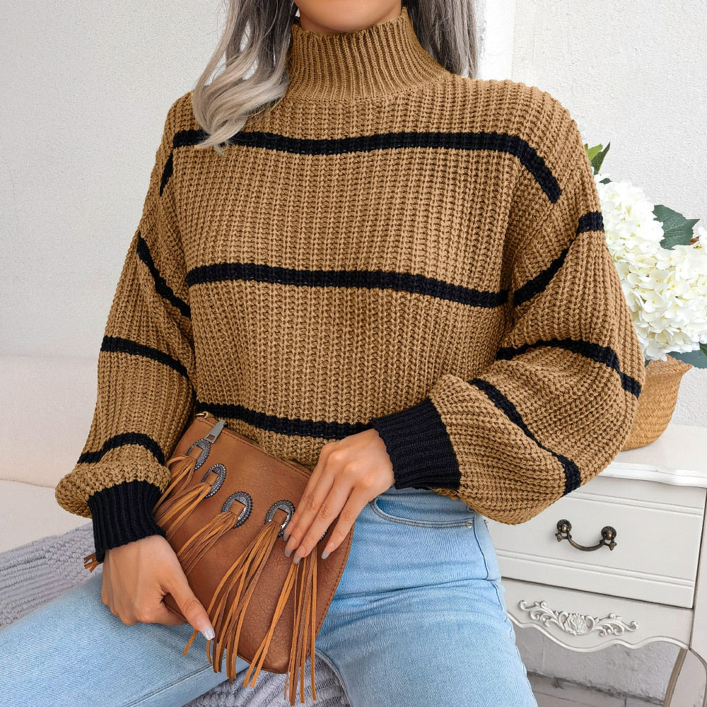 Women's Striped Knit Jumper – Mock Neck Pullover