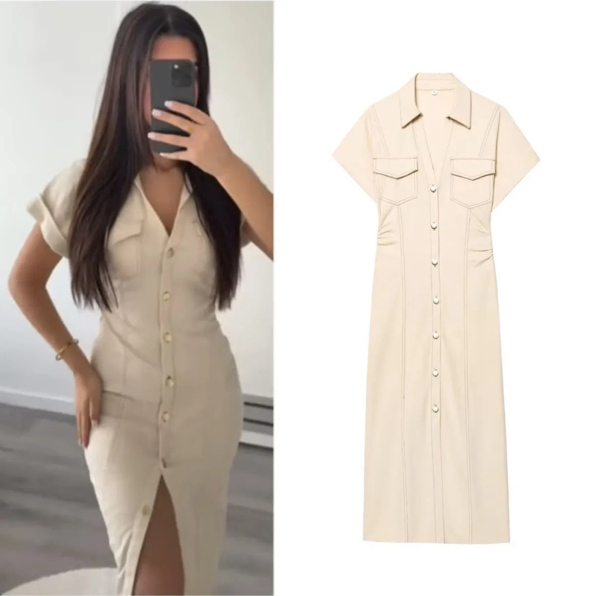 Women's Denim Midi Dress – Ruched Waist Button-Through