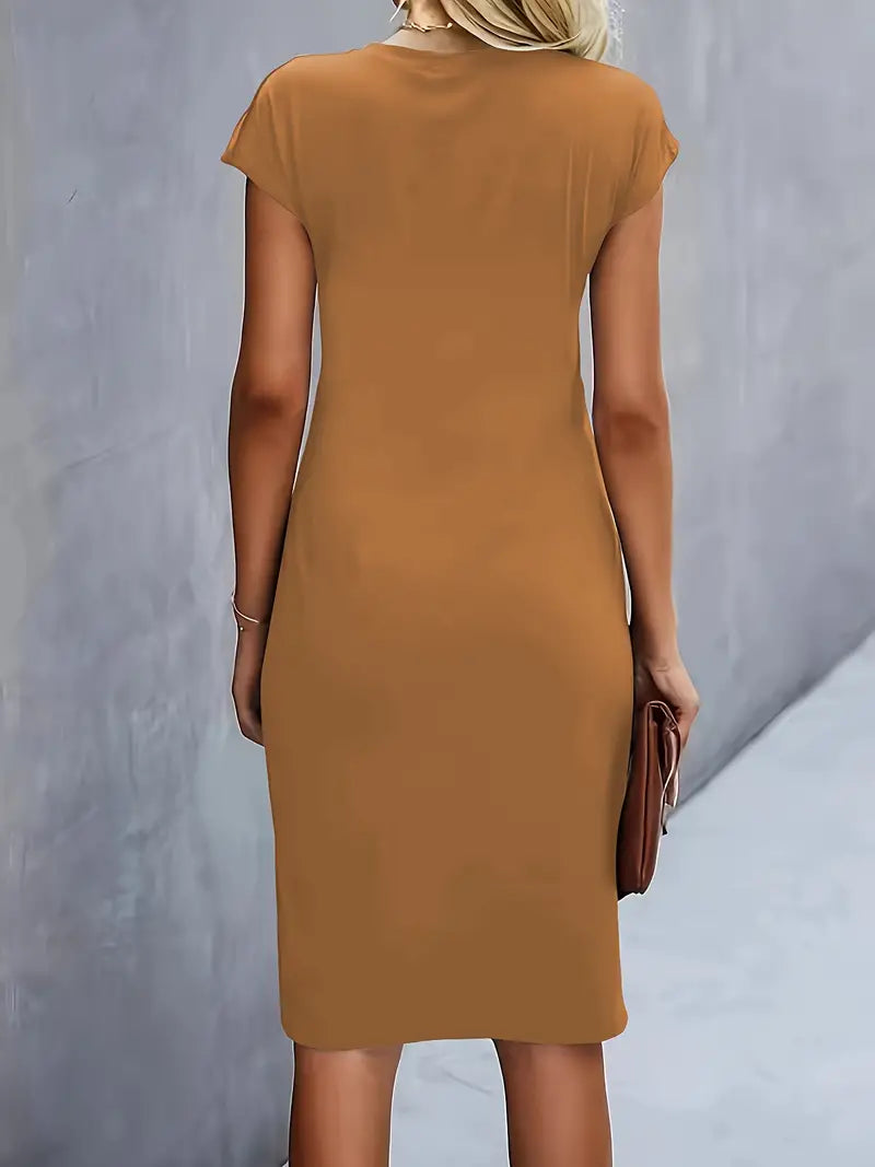 Women's Ruched Midi Dress – Twist-Front Bodycon Dress
