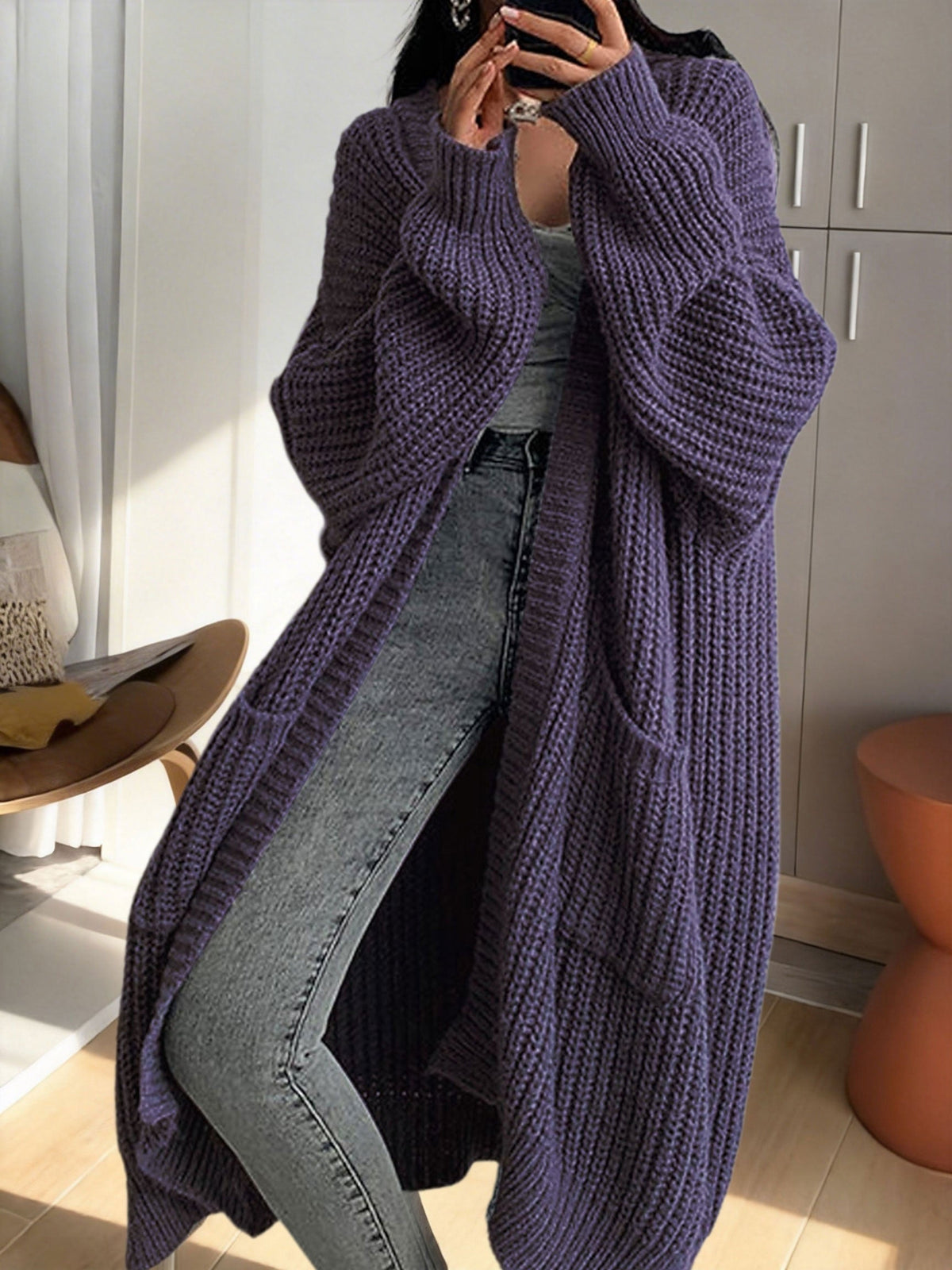 Women's Ribbed Knit Longline Duster Cardigan with Pockets