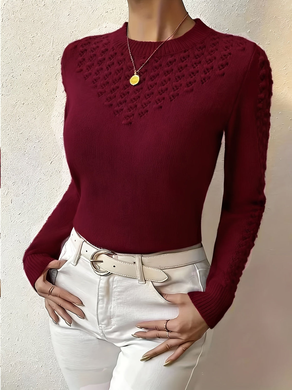 Women's Pointelle Knit Jumper – Crew Neck Sweater