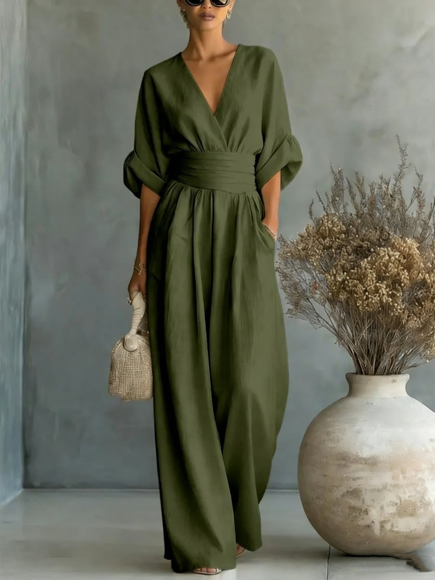Women's Wide Leg Jumpsuit – V-Neck Belted Occasion