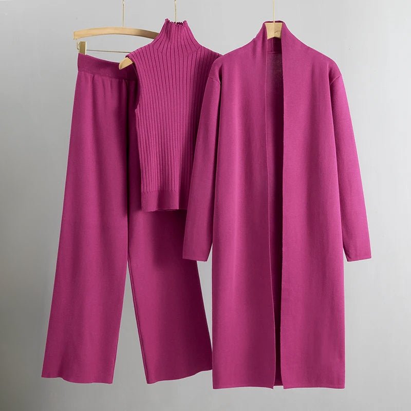 Women's Knit Co-ord Set – Longline Cardigan, Jumper & Wide Leg Trousers
