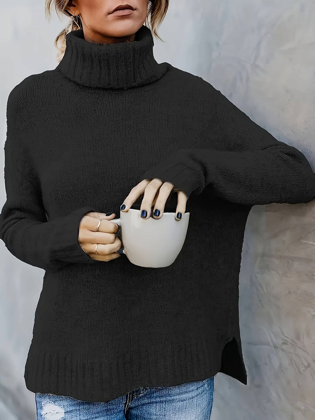 Women's Cowl Turtleneck Jumper – Split Hem Knit Sweater