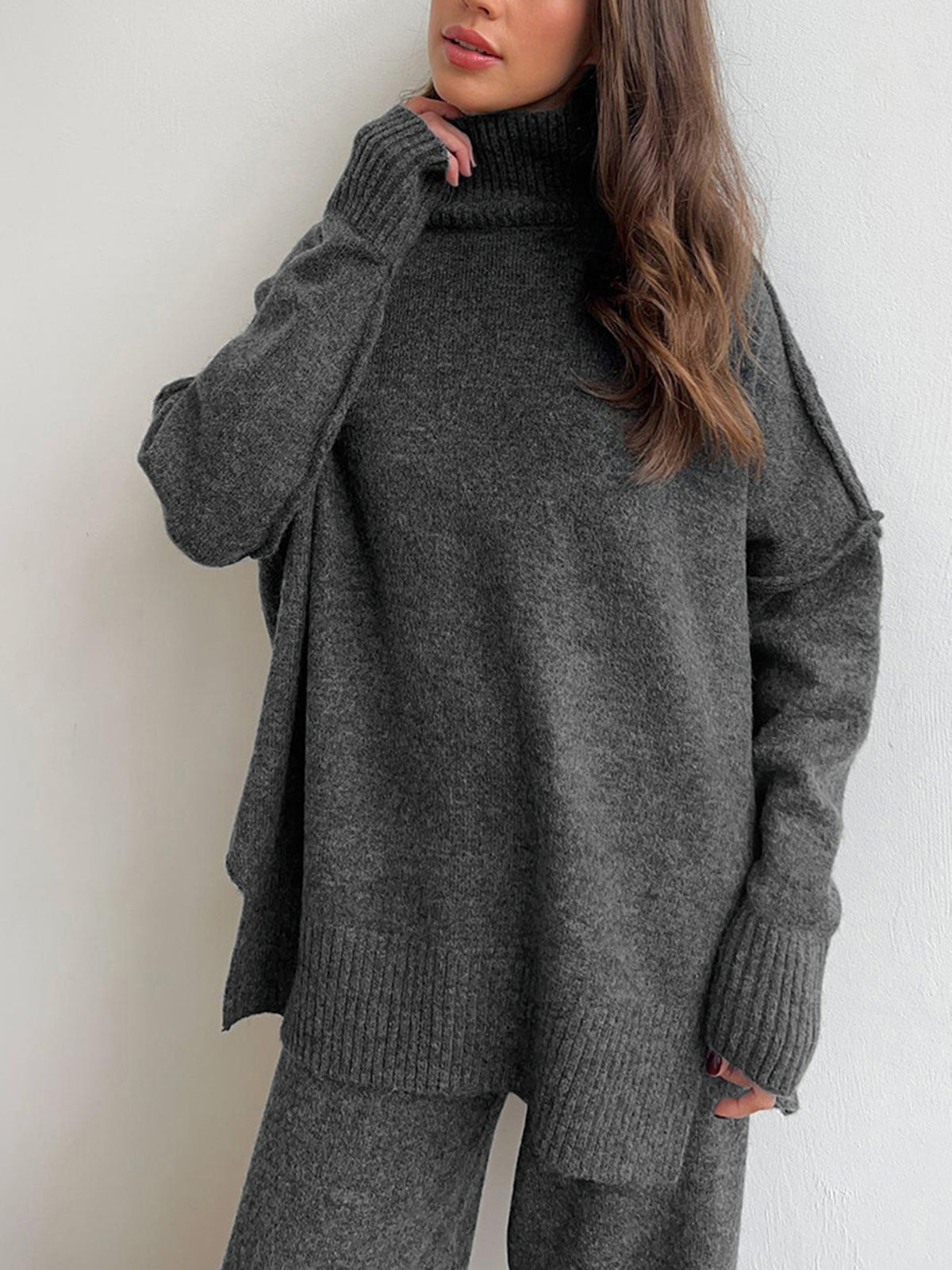 Women's Knitted Co-ord Set – Roll Neck Jumper & Wide Leg Trousers