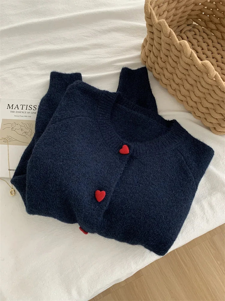 Women's Knit Cardigan – Heart Button Round Neck