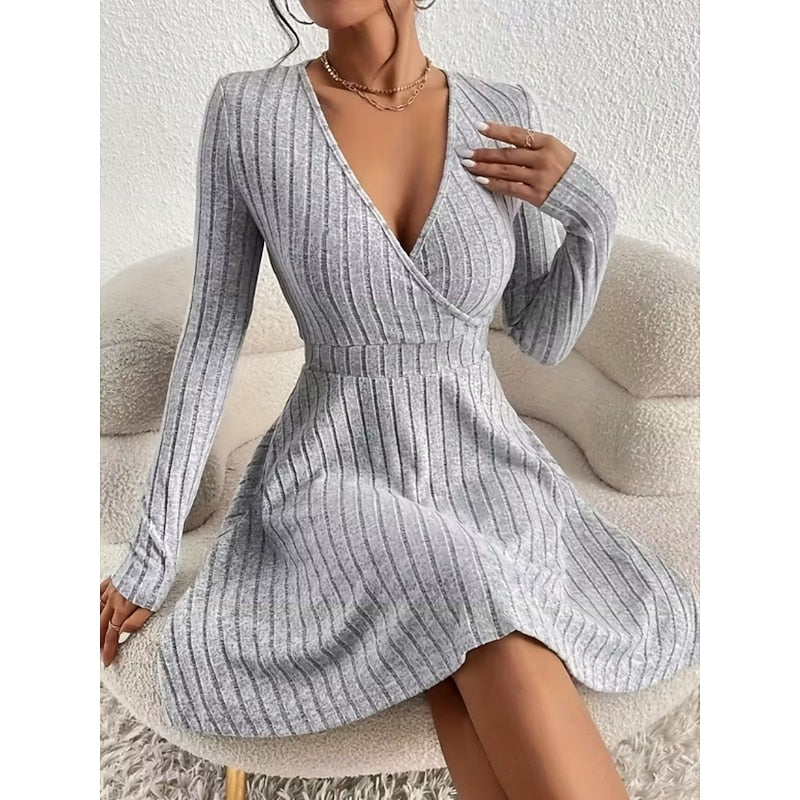 Women's Ribbed Wrap Neck A-Line Dress – Knee-Length Knit Dress