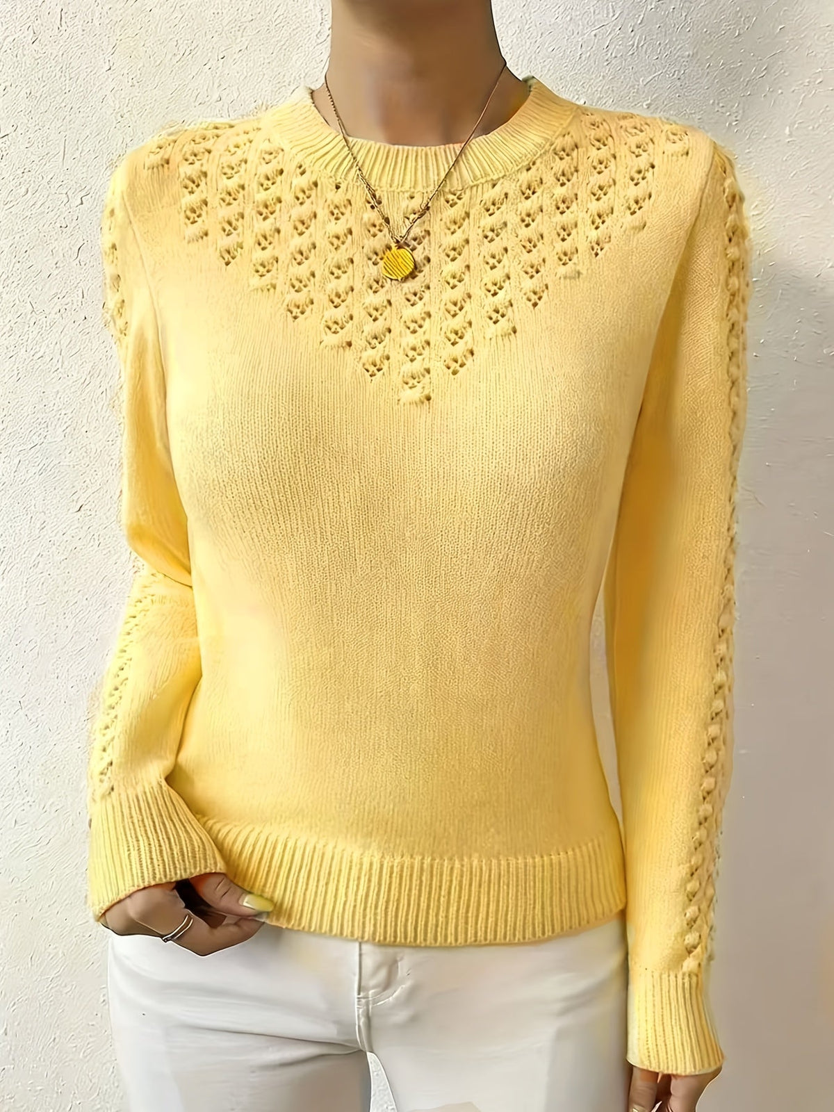 Women's Pointelle Knit Jumper – Crew Neck Sweater
