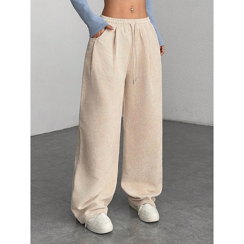 Women's Corduroy Wide Leg Trousers with Drawstring Waist
