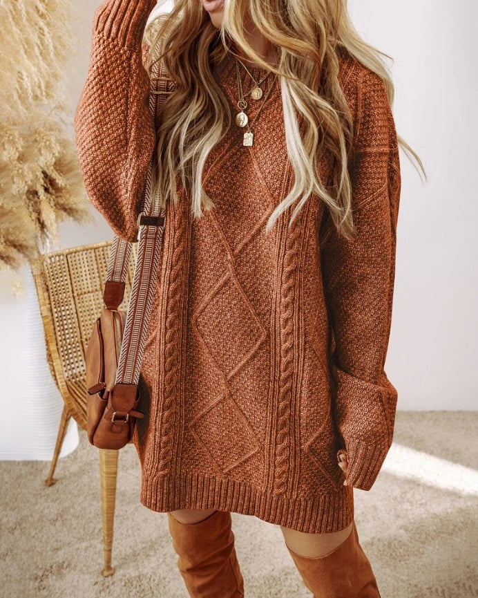 Women's Cable Knit Jumper Dress – Oversized Balloon Sleeve Dress