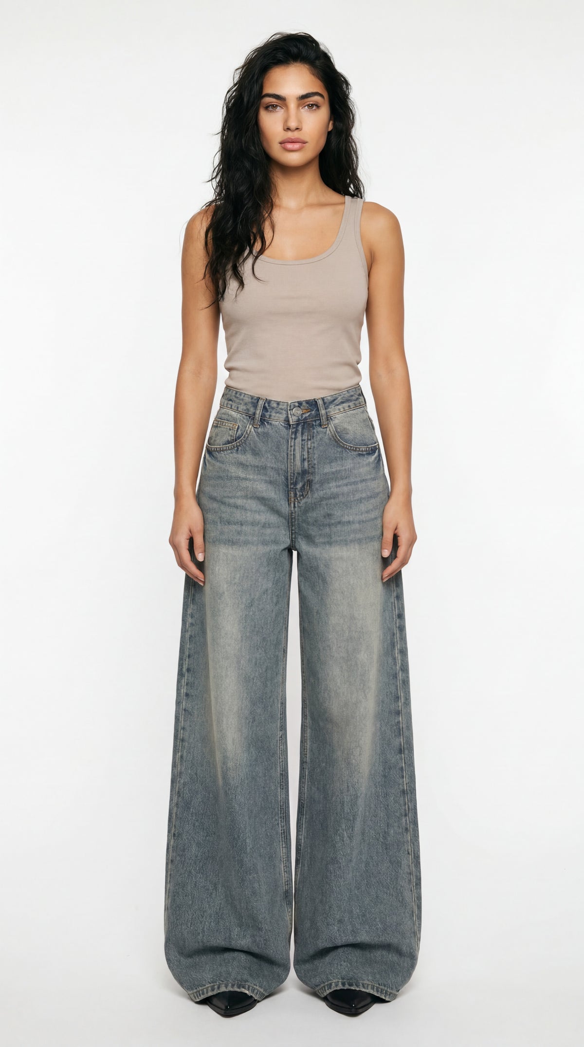 Retro High Waist Wide Leg Jeans Vintage Blue Cotton Blend