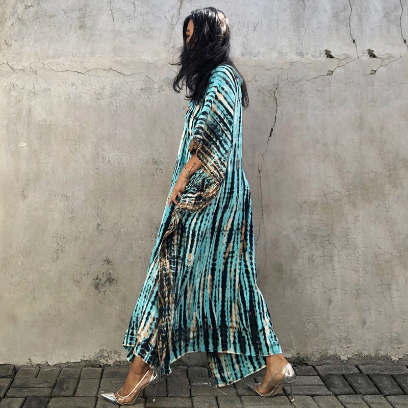 Women's Tie-Dye Kaftan Maxi Dress - Loose Fit, V-Neck Modest Cover-Up