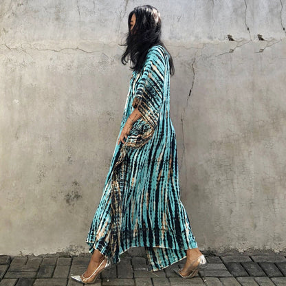 Women's Tie-Dye Kaftan Maxi Dress - Loose Fit, V-Neck Modest Cover-Up