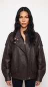 Brown Oversized Leather Bomber Jacket Women | Faux Leather Collar