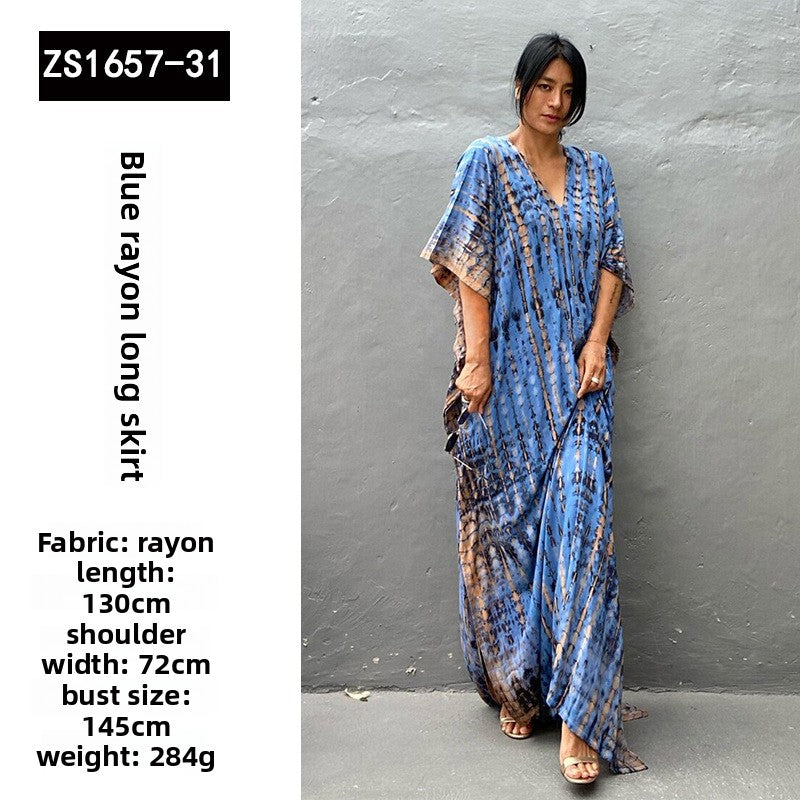 Women's Tie-Dye Kaftan Maxi Dress - Loose Fit, V-Neck Modest Cover-Up