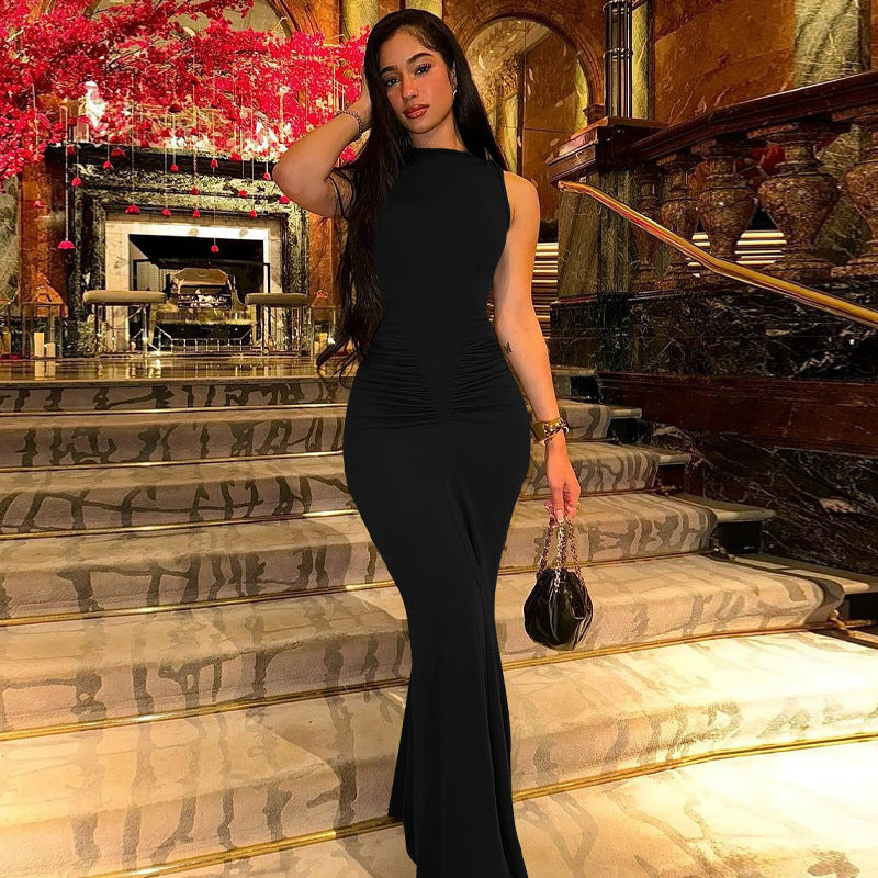 Bodycon Maxi Dress – Ruched Sleeveless Evening Dress
