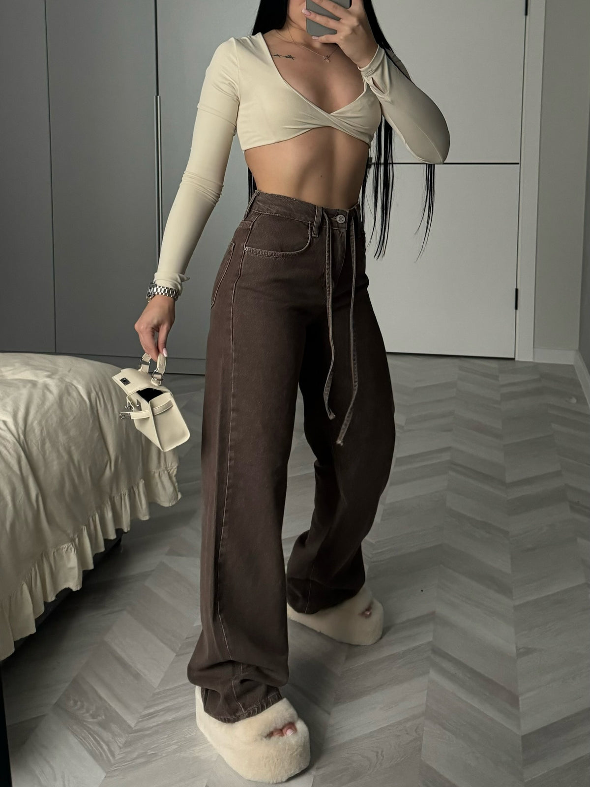 Women's Wide Leg Jeans | Brown Baggy High Waist Denim